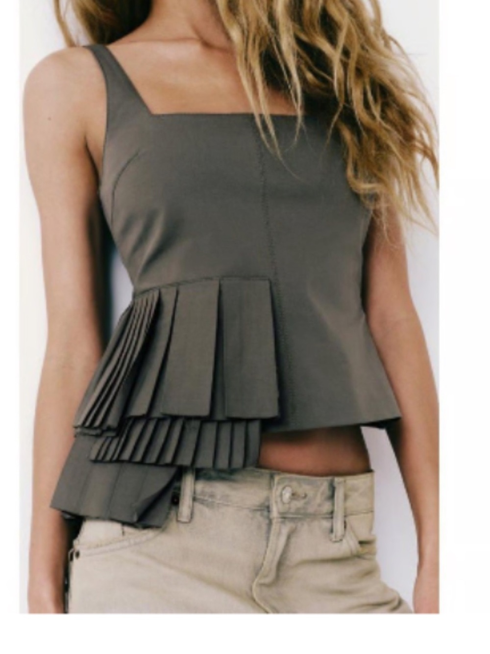 Zara modern olive ruffled square neck tank top